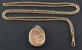 An oval, locket pendant, with engraved floral decoration, together with a belcher-link watch chain,