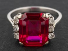 An Art Deco style, octagonal, step-cut, synthetic ruby dress ring,