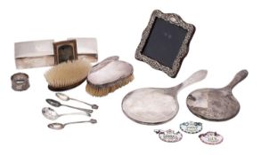 A mixed collection of silverwares, various makers and dates includes, two cigarette boxes,