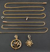 Two openwork seed pearl pendants, including a star-burst pendant, stamped '15C',