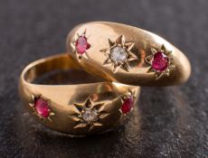 Two Edwardian, 18ct gold, old-cut diamond and ruby, gypsy-set rings,