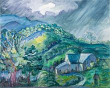 *Graham Davies [British, 1935-2015] Hilly landscape with a farmer beside a barn,