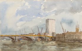 Karl Hagedorn [1889-1969]- Dismantling London Bridge, signed and dated '68 watercolour,