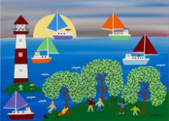 Gordon Barker [British, Contemporary School] Coastal scene with a lighthouse,