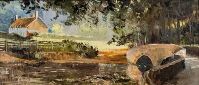 * Harley Crossley [b.1936] Gallox Bridge, Dunster signed, oil on board, 28 x 67cm.