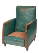 A studded teal leather upholstered armchair in Art Deco style,