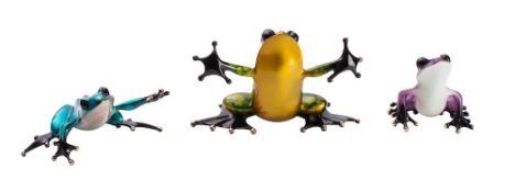 Tim Cotterill (Frogman) , a collection of three enamelled bronze models of a frogs,