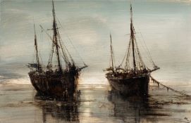 * Anthony Amos [1950-2010] Boats and fisherman at low tide, signed bottom right oil on board,