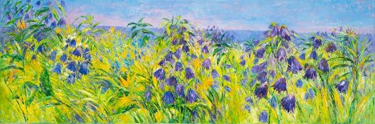 *Carl Scanes [British, b. 1964] Harebells in a field inscribed verso oil on canvas 152 x 50cm.