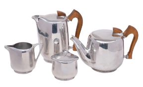 A Piquot ware metal four-piece teaset of ovoid form, includes teapot, hot water jug,