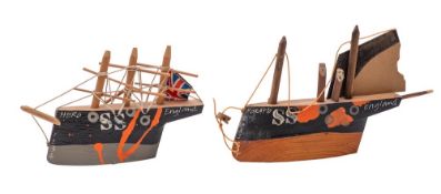 *John Maltby [1936-2020] two mixed media wooden half block models of boats one captioned Hero and