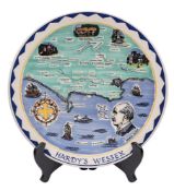 A Poole Pottery Hardy's Wessex charger decorated with a map, local views and a profile portrait,
