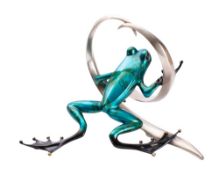 Tim Cotterill (Frogman), an enamelled bronze model of a frog climbing through a heart shaped loop,