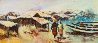 * Akande [African School, Contemporary] Boats and settlement on a river bank, signed and dated '86,