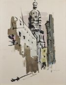 Continental School [late 20th century] View of a church tower indistinctly signed to lower