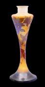 A Gallé cameo glass lamp base of slender waisted form the pale amber body overlaid with purple and