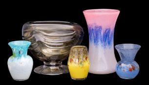 A Vasart glass vase and four others the former of waisted cylindrical form the graduating pink to