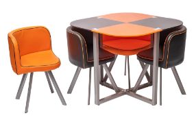 A glass, metal and faux leather dining suite,