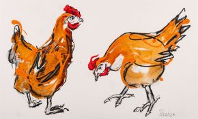 Penelope [Contemporary School] Two chickens mixed media signed Penelope to lower right corner 37 x