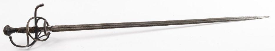 A basket hilt sword, the straight double edged blade with central fuller,
