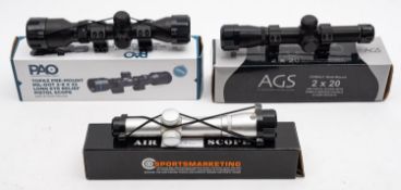 A PAO Topaz pre-mount mil-dot 2-8x32 pistol scope in original box,