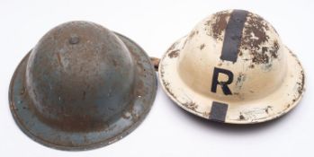 A WWII Mk I steel 'Rescue' helmet white with black stripe and 'R' ,