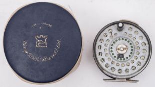 A Hardy 'St Andrew' 4 inch alloy fly reel, ebonised handle, tension screw to rim and alloy foot,