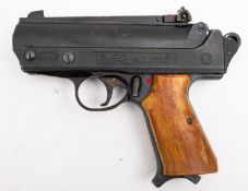 A Record .177 calibre air pistol, black finish with two piece wooden grip.