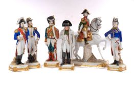 A group of six Sitzendorf porcelain figures of Napoleonic period officers, comprising 'Napoleon',