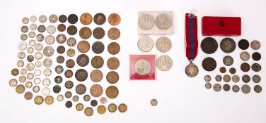 A collection of world coins, including a high grade 1873 silver 3d, 1797 cartwheel twopence,