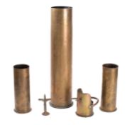 Two WWI trench art shell case vases both floral stipple decorated and inscribed 'Cambrai' (one