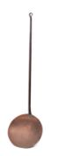 A large 19th Century copper skimmer with 40cm diameter pan and iron handle with ring terminal, 149.