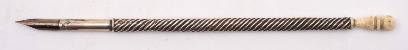A Victorian silver and bone mounted dipping pen, maker James Fenton, Birmingham, 1899,