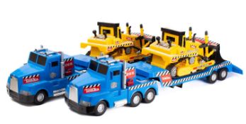 Tonka (Hasbro) Two large scale Mighty Mover bulldozers on low loader lorries with 'Hands On