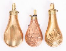 Three copper and brass powder flasks,