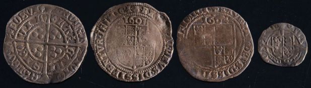 Four English hammered coins: comprising, Henry groat, two James I sixpences,
