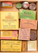 A collection of early 20th century cartridge cases and percussion cap tins,