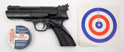A Wesley Tempest .22 calibre air pistol, black finish with two piece plastic grip, boxed.