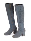 A pair of 1970s Biba blue canvas calf length boots, size 4 1/2 with 3 inch heel,