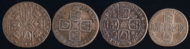 A 1720 shilling (roses and plumes): together with 1709 and 1748 shillings and a 1745 sixpence.