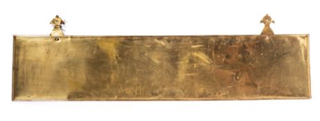 A 19th Century brass rectangular wall panel with twin stylised hooks, 35 x 158cm.