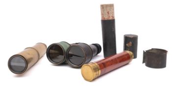 A mahogany and brass three draw telescope, unsigned, in card container,