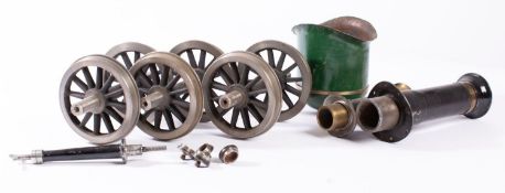 Three and a half inch gauge, three pairs of twelve spoke wheels, two funnels, brake and dome.