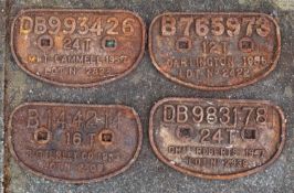 A group of four wagon plates, including a 1957 24 ton plate B993426 Met.