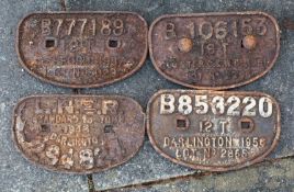 A group of four wagon plates, including a LNER standard 10 ton 1948 Darlington plate,