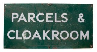A Southern Railway enamel station sign 'Parcels & Cloakroom' by Mead McLean & Co Ltd, London,