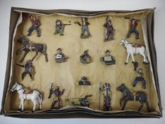 Unknown maker, Cowboy & Indian encampment, includes three mounted figures and nine foot figures,