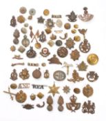 A collection of Regimental cap and shoulder badges, including Regiment Canadian Francais,