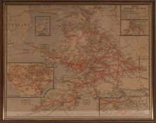 A framed GWR map of the GWR system, 49.5 x 64cm.