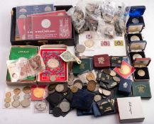 A quantity of coins and notes including coin sets, 1951 crowns, 1953 crowns,